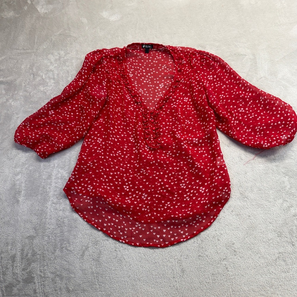 Lily White Shirt Women's Medium Blouse Red Heart Print Ruffle V-Neck Sheer Boho
